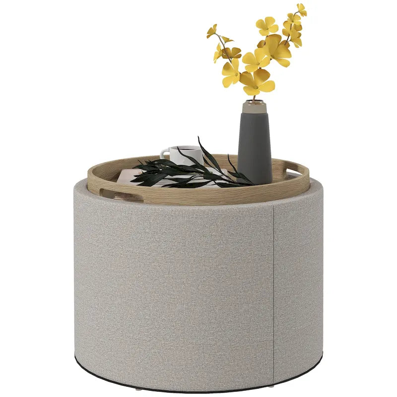 Table basse ottomane de rangement ronde avec plateau de service réversible, Gris