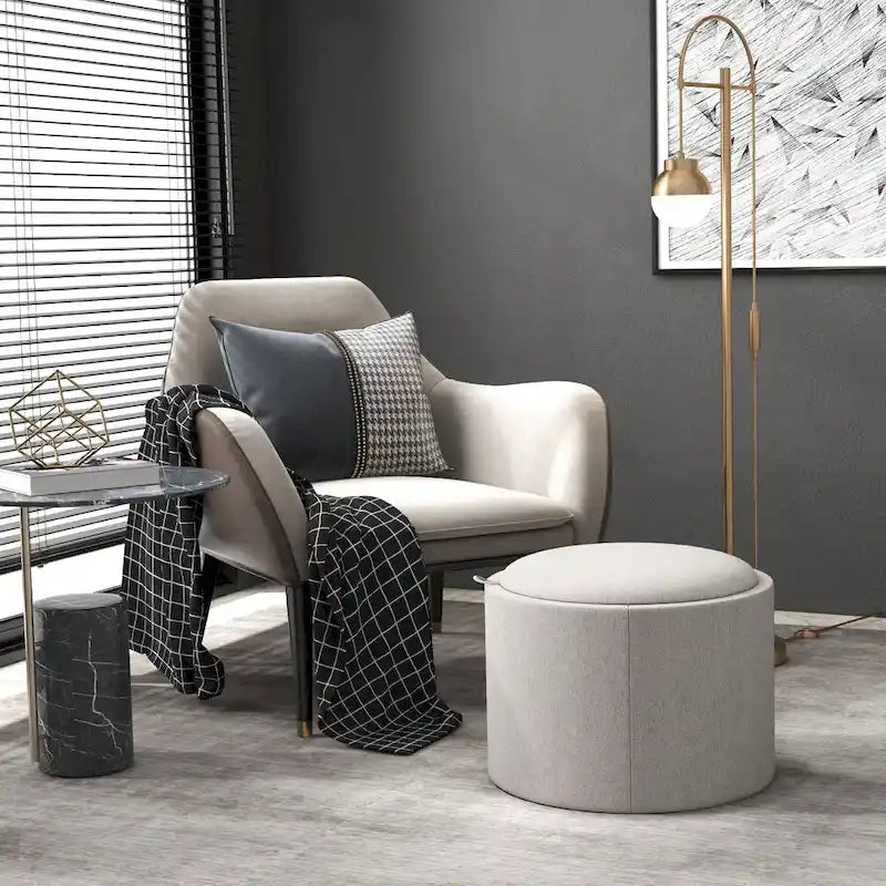 Table basse ottomane de rangement ronde avec plateau de service réversible, Gris
