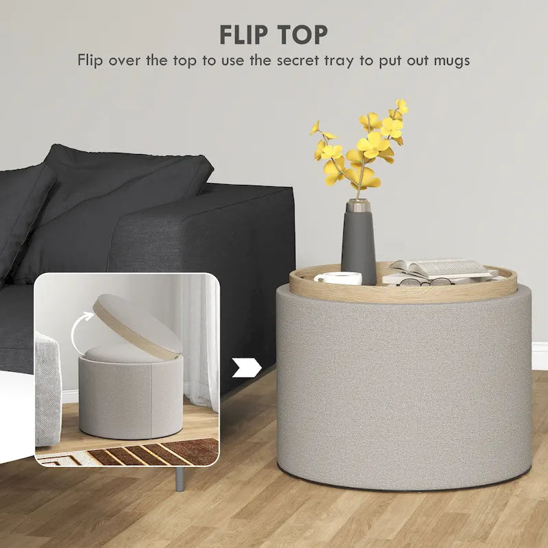 Table basse ottomane de rangement ronde avec plateau de service réversible, Gris