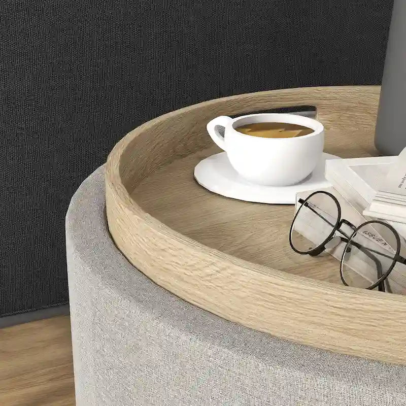 Table basse ottomane de rangement ronde avec plateau de service réversible, Gris