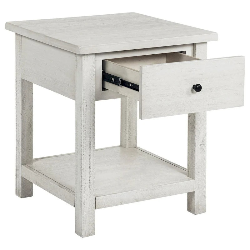 Table d'appoint, 1 tiroir, bois blanc vieilli, carrée