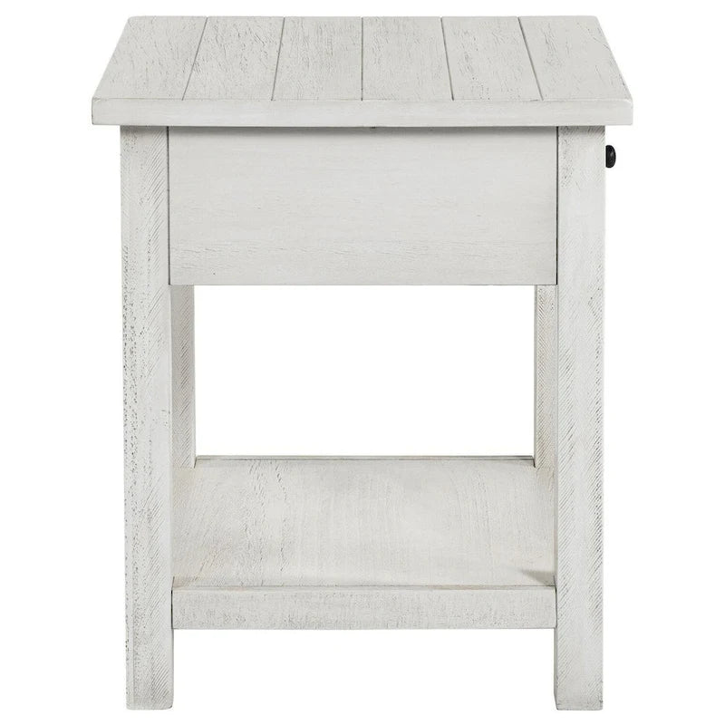 Table d'appoint, 1 tiroir, bois blanc vieilli, carrée