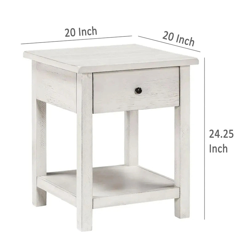 Table d'appoint, 1 tiroir, bois blanc vieilli, carrée