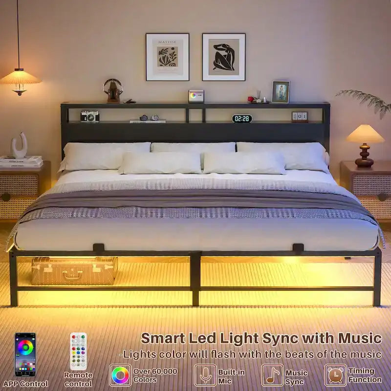 Cadre de lit avec tête de lit, lit plateforme en métal avec lumières LED et station de charge