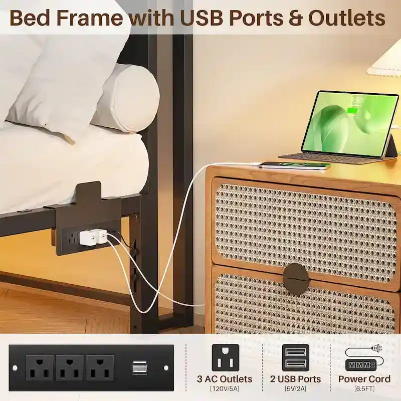 Cadre de lit avec tête de lit, lit plateforme en métal avec lumières LED et station de charge