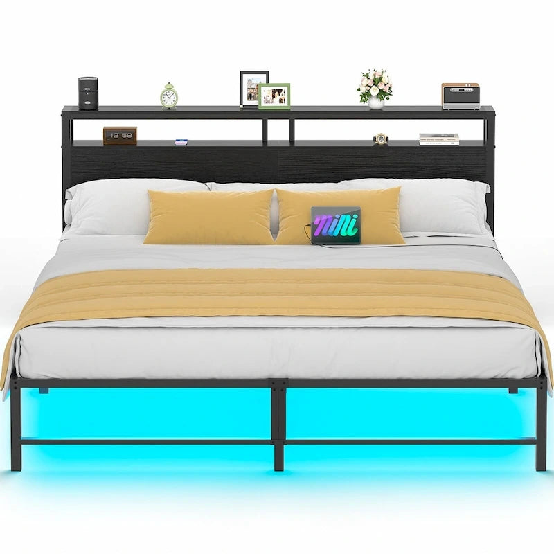 Cadre de lit avec tête de lit, lit plateforme en métal avec lumières LED et station de charge