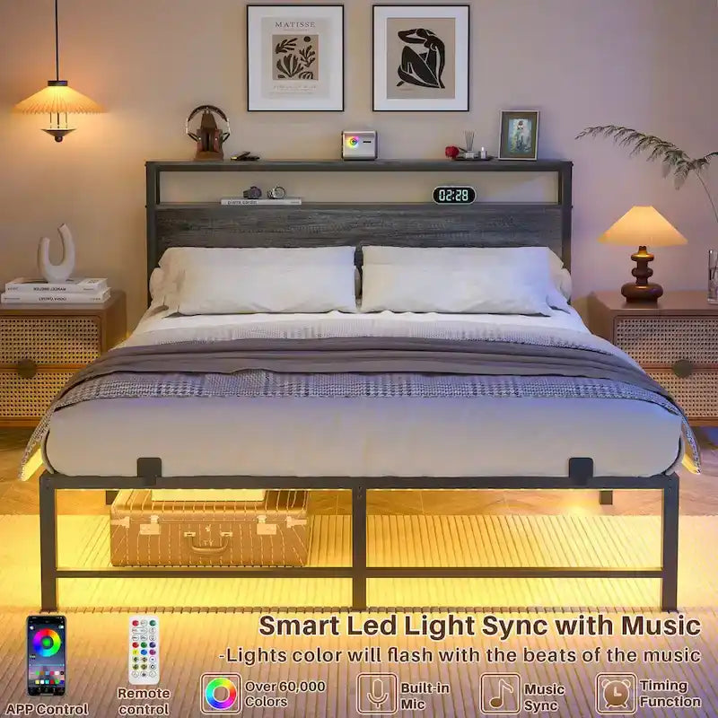 Cadre de lit avec tête de lit, lit plateforme en métal avec lumières LED et station de charge