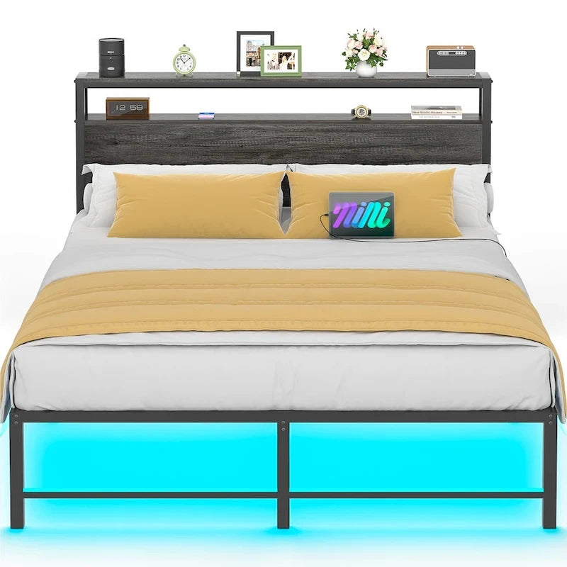 Cadre de lit avec tête de lit, lit plateforme en métal avec lumières LED et station de charge