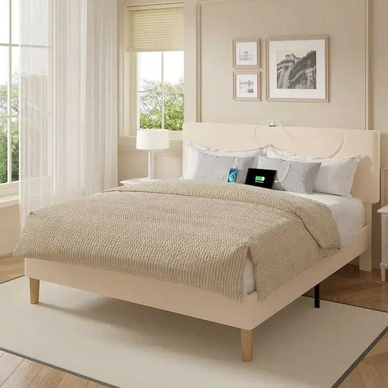 VECELO Platform Bed Frame with Charging Stations and LED Lights,Strong Wooden Slats Support, No Box Spring Needed