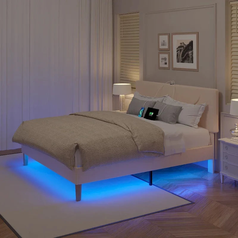 Cadre de lit plateforme avec stations de recharge et lumières LED