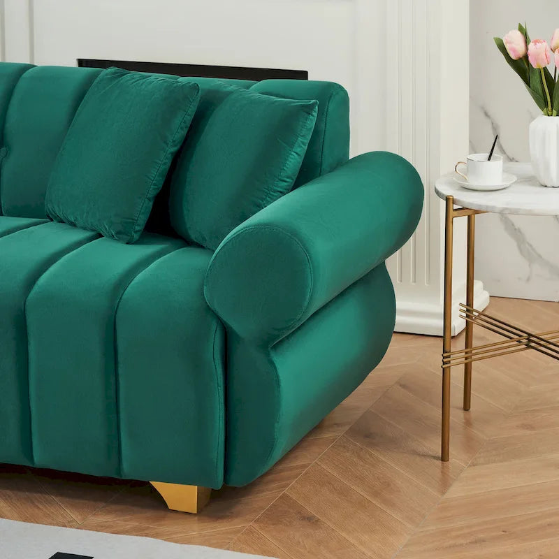 Canapé 3 places en velours vert avec coussins à ressorts ensachés