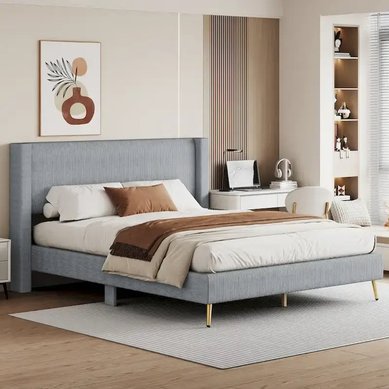 Lit plateforme Queen en velours côtelé avec tête de lit capitonnée