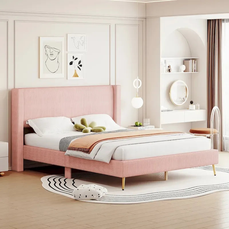 Lit plateforme Queen en velours côtelé avec tête de lit capitonnée