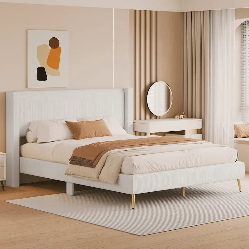 Lit plateforme Queen en velours côtelé avec tête de lit capitonnée