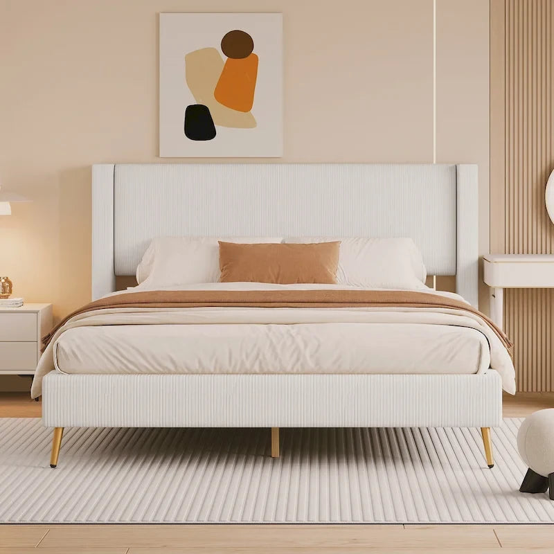 Lit plateforme Queen en velours côtelé avec tête de lit capitonnée