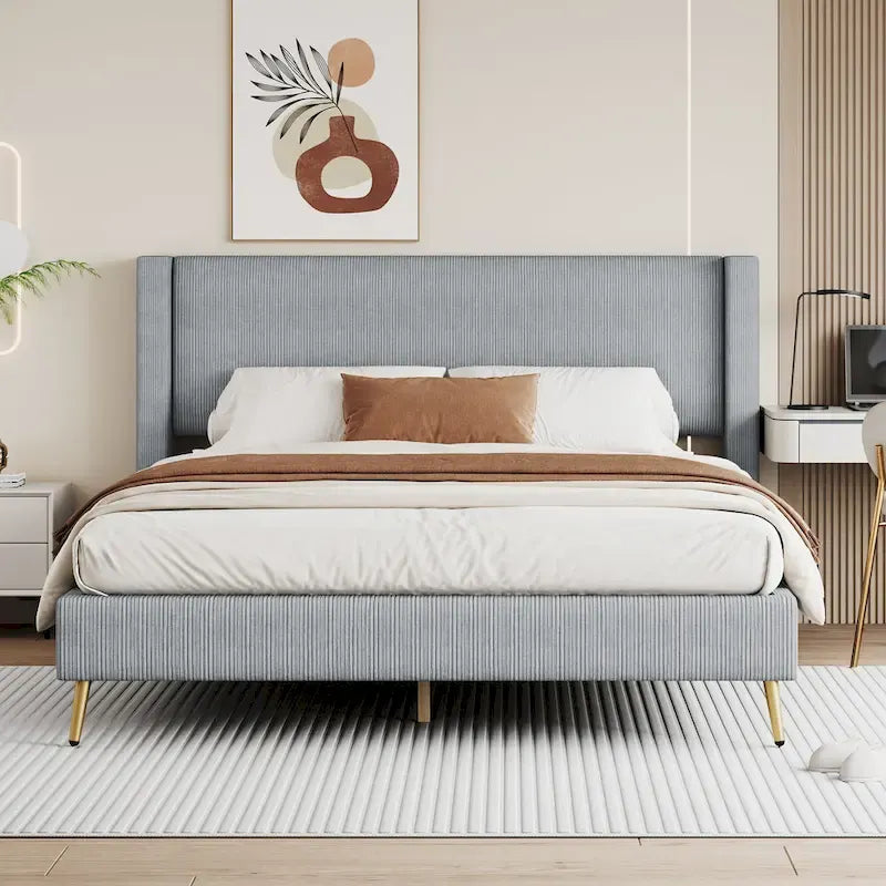 Lit plateforme Queen en velours côtelé avec tête de lit capitonnée