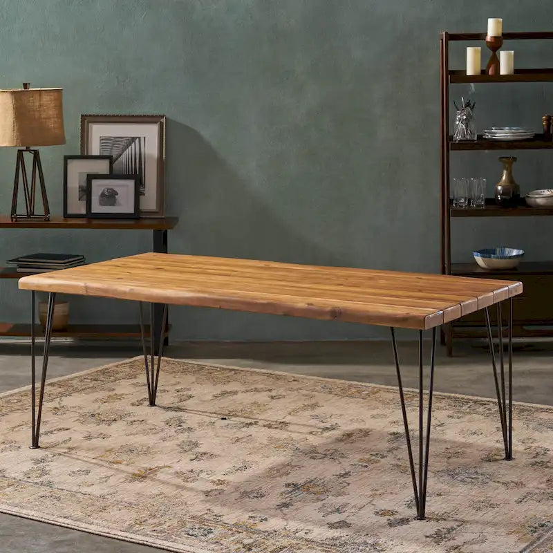 Table de salle à manger en bois d'acacia de 72 pouces - Finition teck + Métal rustique