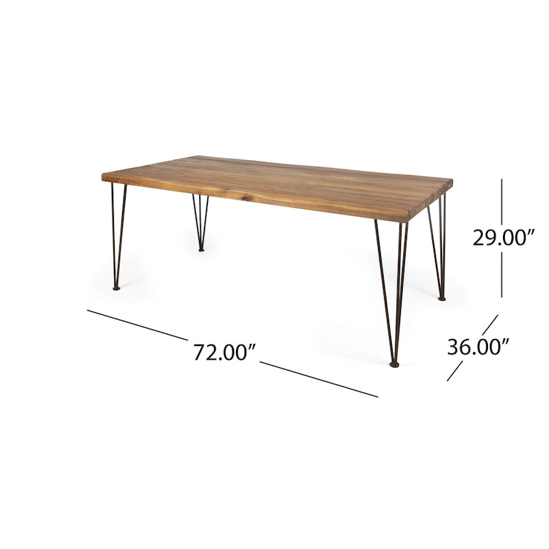 Table de salle à manger en bois d'acacia de 72 pouces - Finition teck + Métal rustique