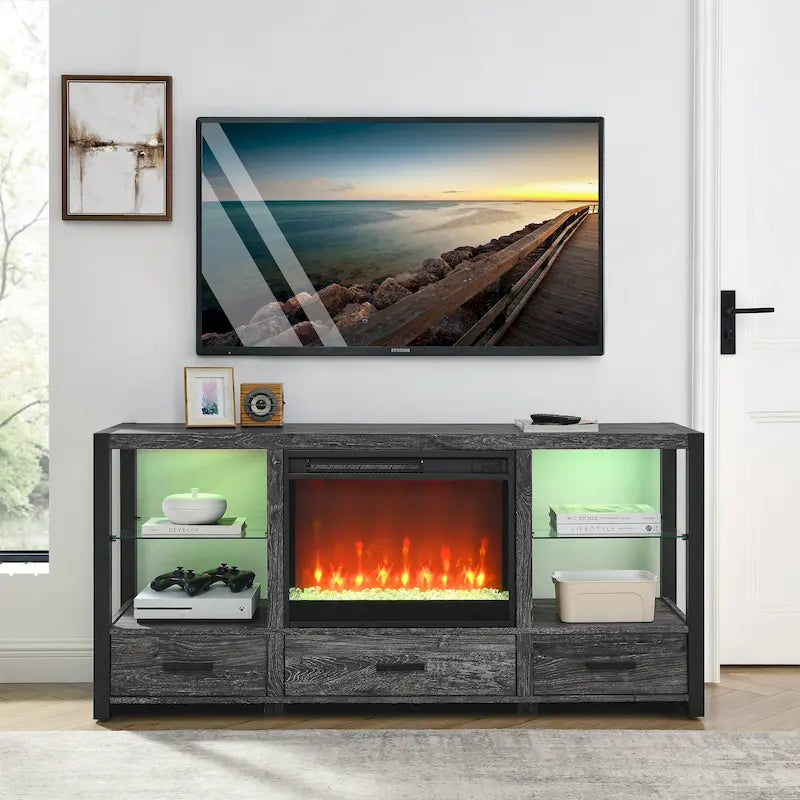 Meuble TV multimédia avec foyer électrique et lumières DEL colorées synchronisées – Chêne rustique foncé
