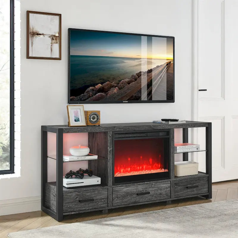 Meuble TV multimédia avec foyer électrique et lumières DEL colorées synchronisées – Chêne rustique foncé