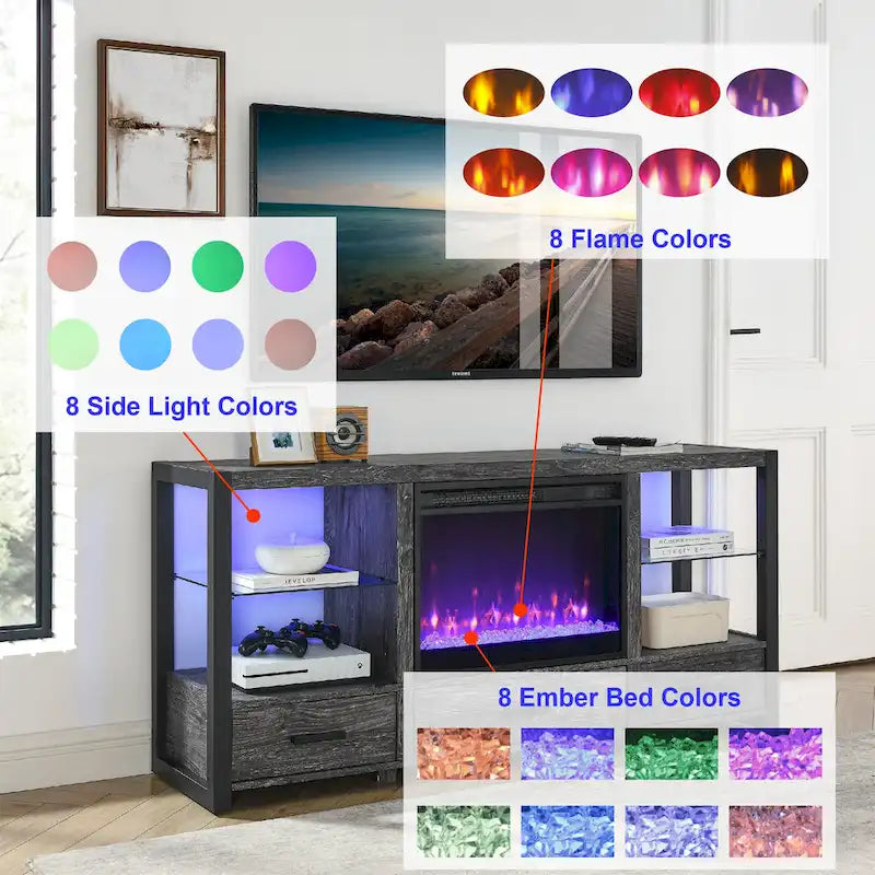 Meuble TV multimédia avec foyer électrique et lumières DEL colorées synchronisées – Chêne rustique foncé