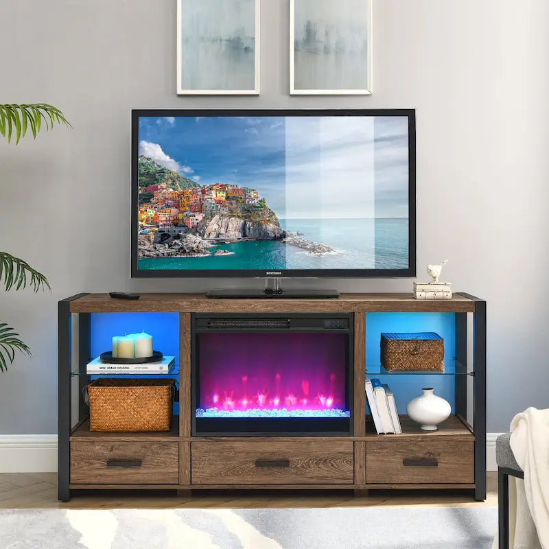 Meuble TV multimédia avec foyer électrique et lumières DEL colorées synchronisées – Chêne rustique foncé