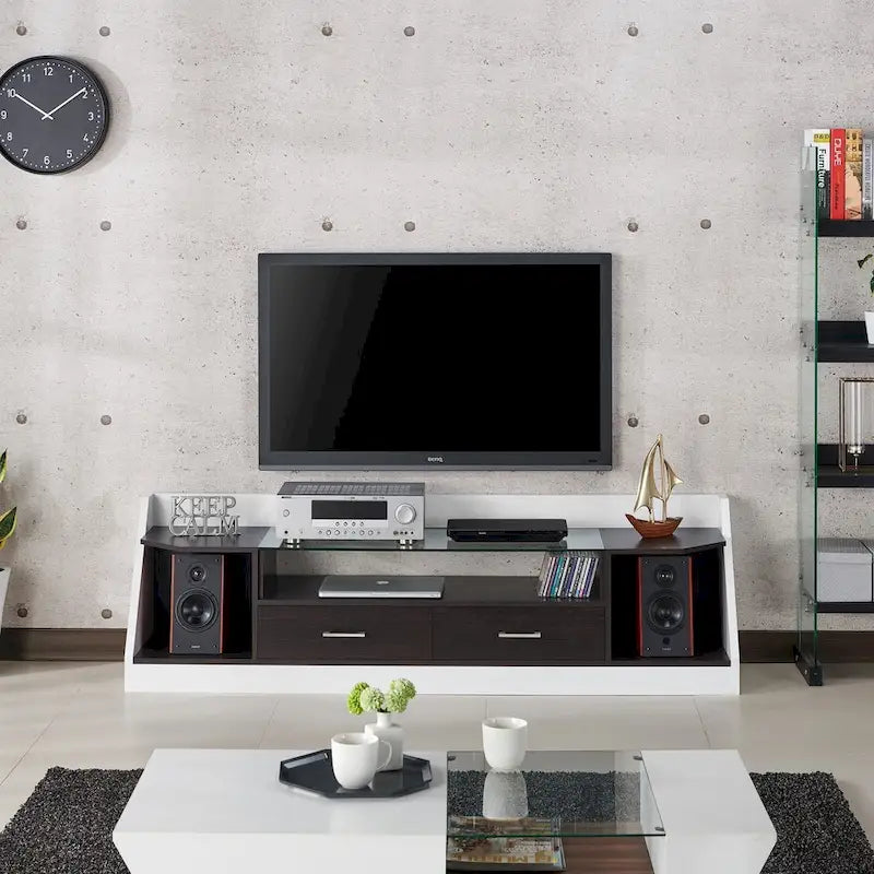 Meuble TV contemporain blanc en verre multifonctionnel de 178 cm