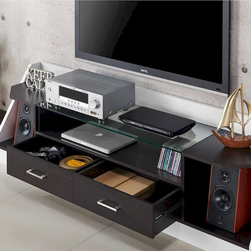 Meuble TV contemporain blanc en verre multifonctionnel de 178 cm