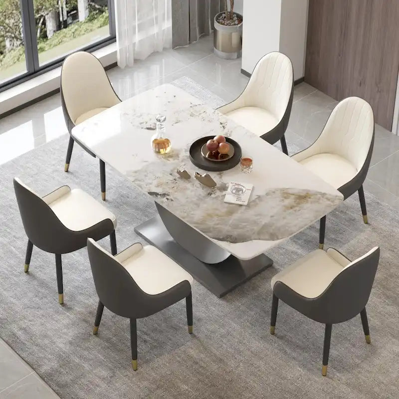 Table à manger moderne, plateau de table incurvé en pierre frittée avec piédestal en forme de lune