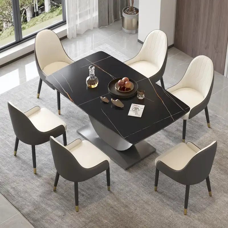 Table à manger moderne, plateau de table incurvé en pierre frittée avec piédestal en forme de lune