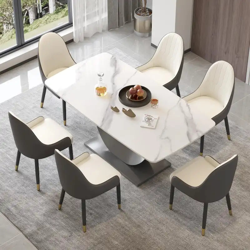 Table à manger moderne, plateau de table incurvé en pierre frittée avec piédestal en forme de lune