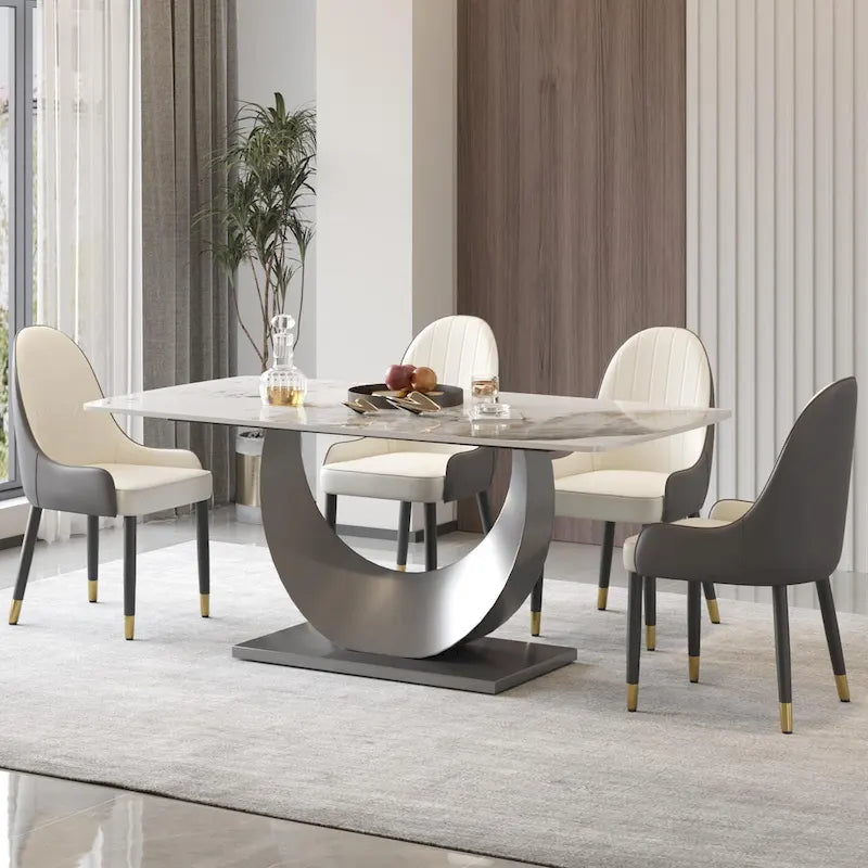 Table à manger moderne, plateau de table incurvé en pierre frittée avec piédestal en forme de lune