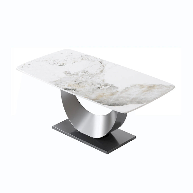 Table à manger moderne, plateau de table incurvé en pierre frittée avec piédestal en forme de lune