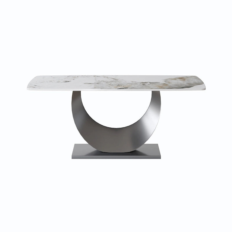 Table à manger moderne, plateau de table incurvé en pierre frittée avec piédestal en forme de lune