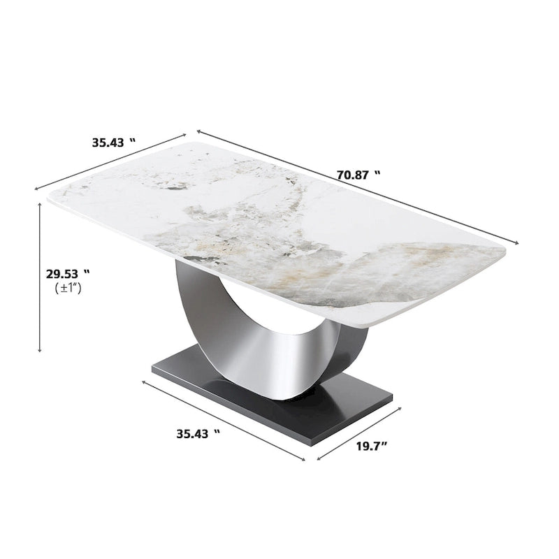 Table à manger moderne, plateau de table incurvé en pierre frittée avec piédestal en forme de lune