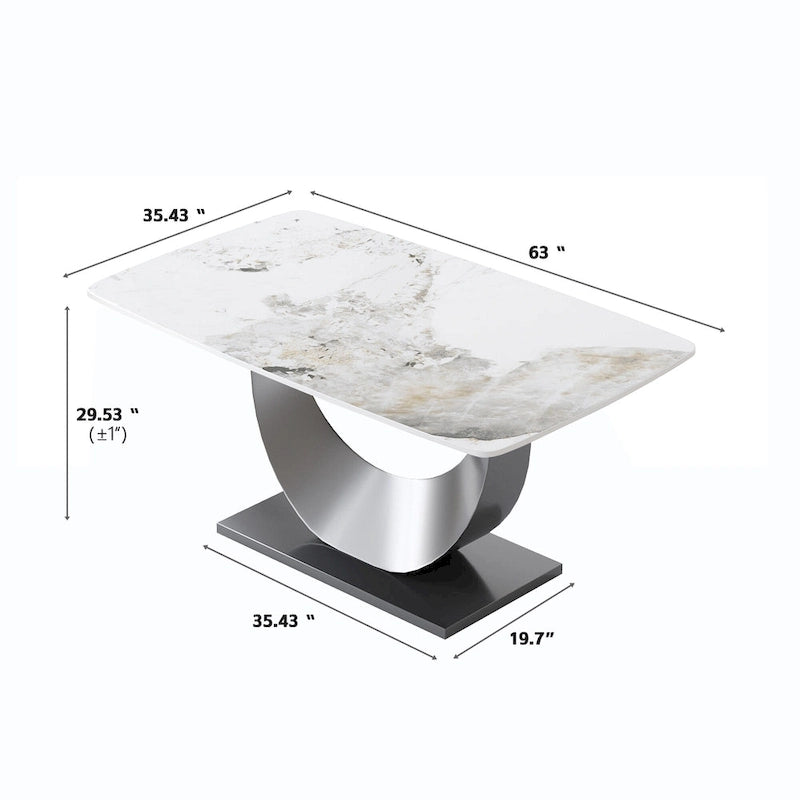 Table à manger moderne, plateau de table incurvé en pierre frittée avec piédestal en forme de lune