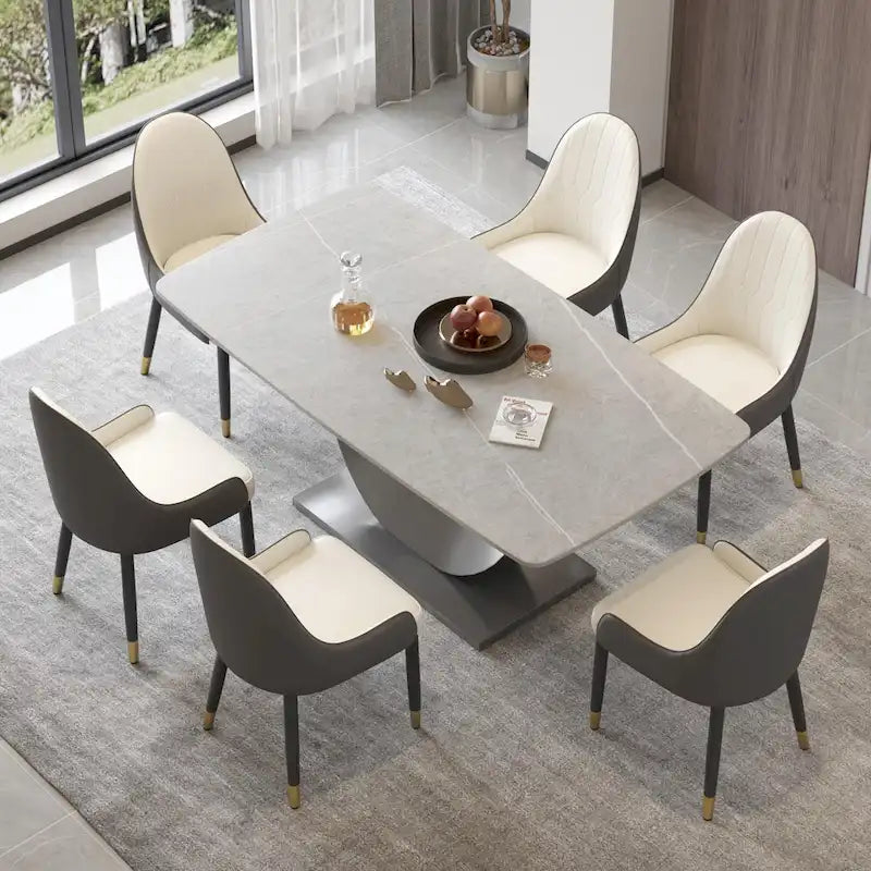 Table à manger moderne, plateau de table incurvé en pierre frittée avec piédestal en forme de lune