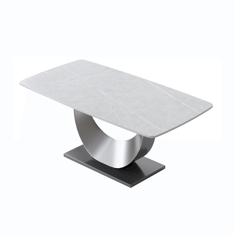 Table à manger moderne, plateau de table incurvé en pierre frittée avec piédestal en forme de lune