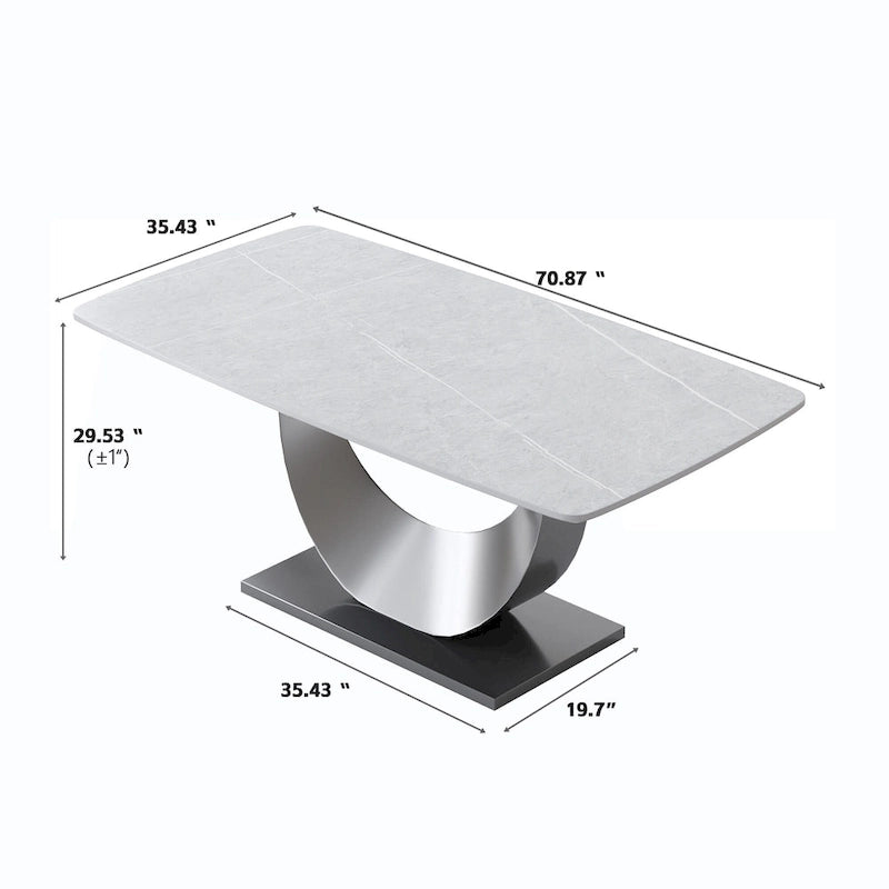 Table à manger moderne, plateau de table incurvé en pierre frittée avec piédestal en forme de lune