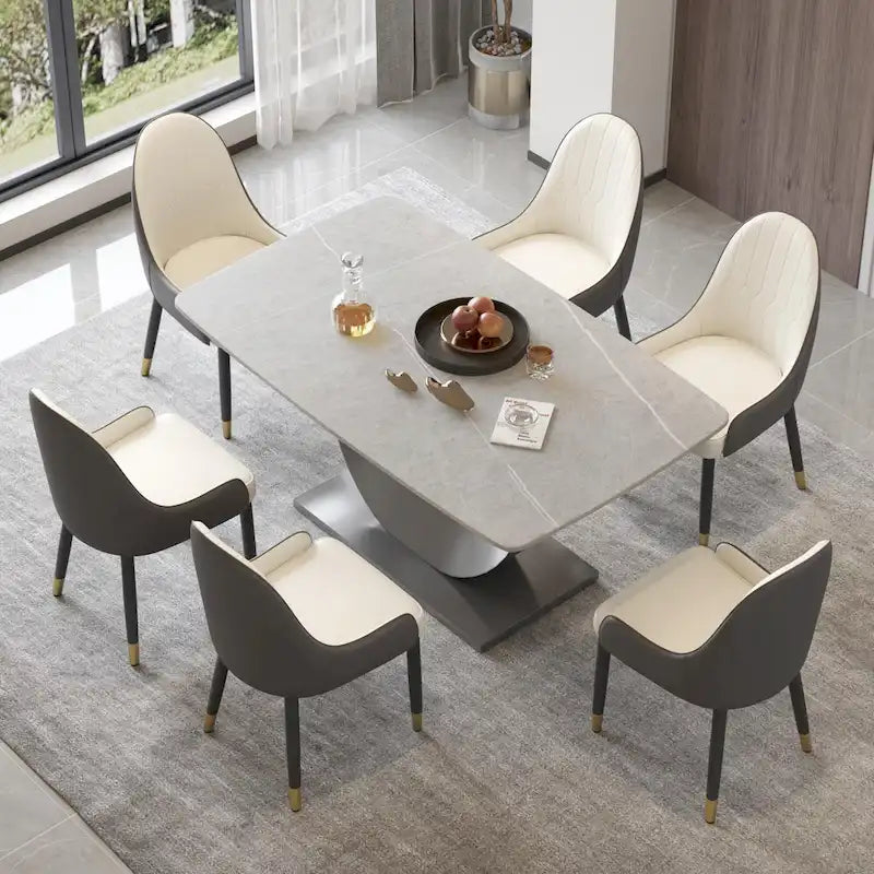 Table à manger moderne, plateau de table incurvé en pierre frittée avec piédestal en forme de lune