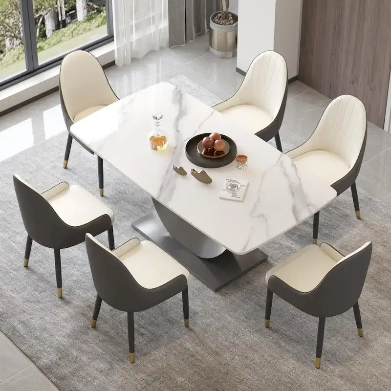 Table à manger moderne, plateau de table incurvé en pierre frittée avec piédestal en forme de lune