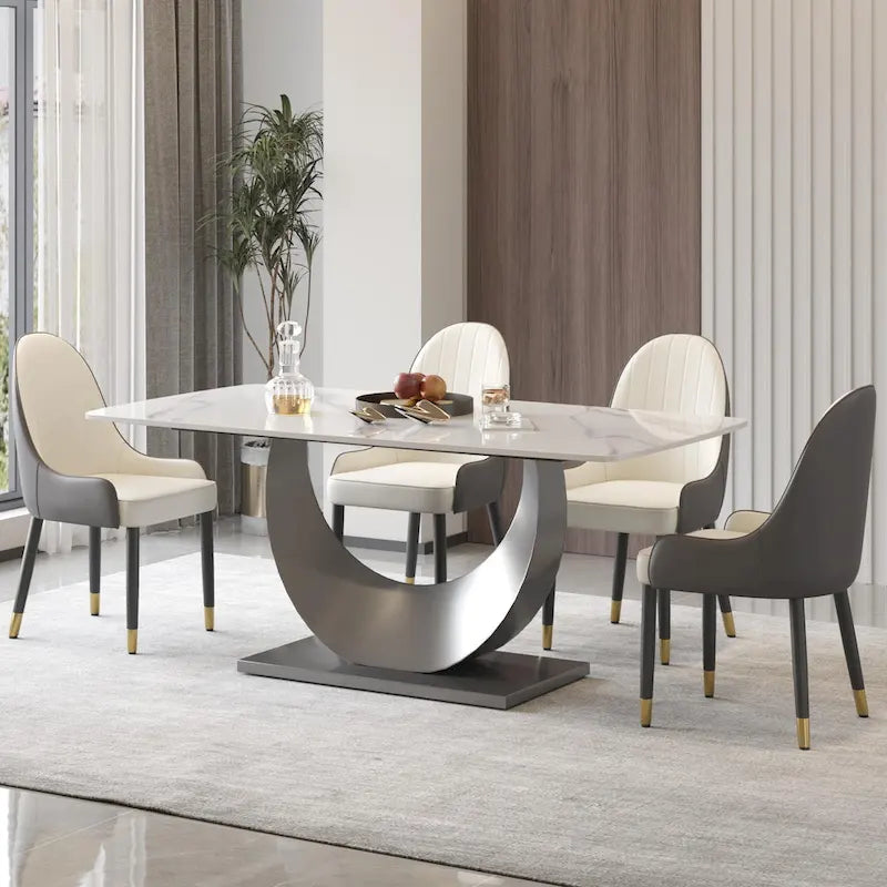 Table à manger moderne, plateau de table incurvé en pierre frittée avec piédestal en forme de lune