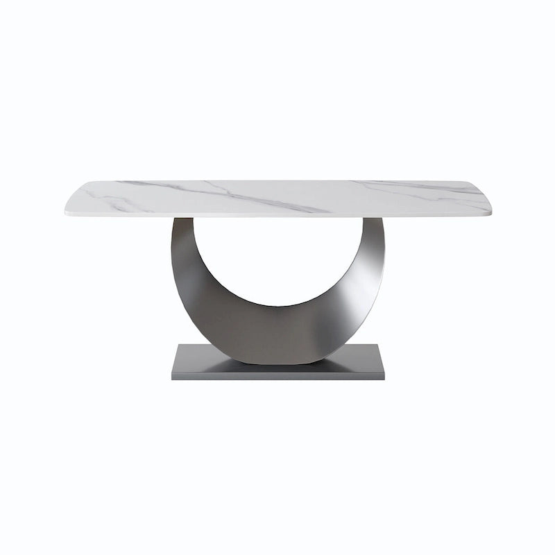 Table à manger moderne, plateau de table incurvé en pierre frittée avec piédestal en forme de lune
