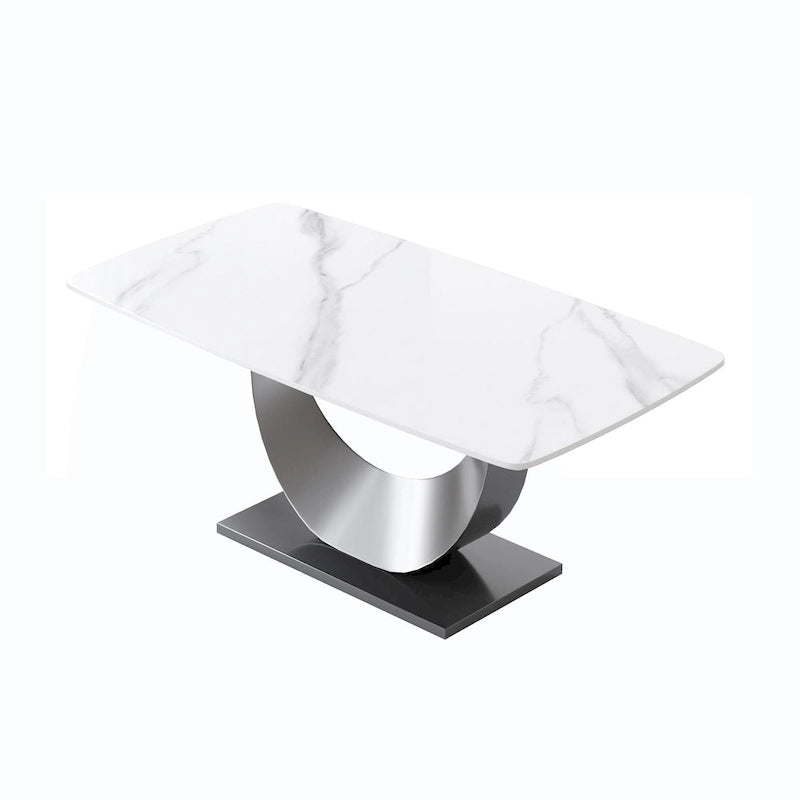 Table à manger moderne, plateau de table incurvé en pierre frittée avec piédestal en forme de lune