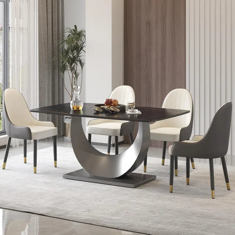 Table à manger moderne, plateau de table incurvé en pierre frittée avec piédestal en forme de lune