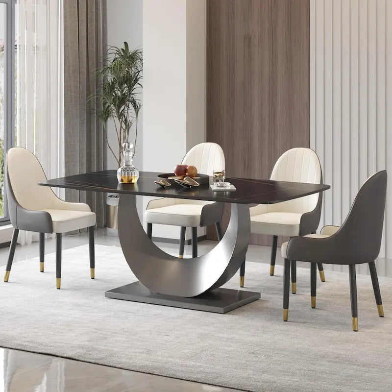 Table à manger moderne, plateau de table incurvé en pierre frittée avec piédestal en forme de lune