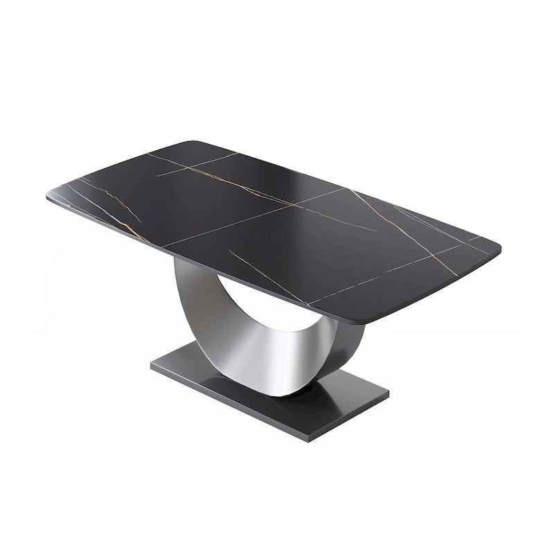 Table à manger moderne, plateau de table incurvé en pierre frittée avec piédestal en forme de lune