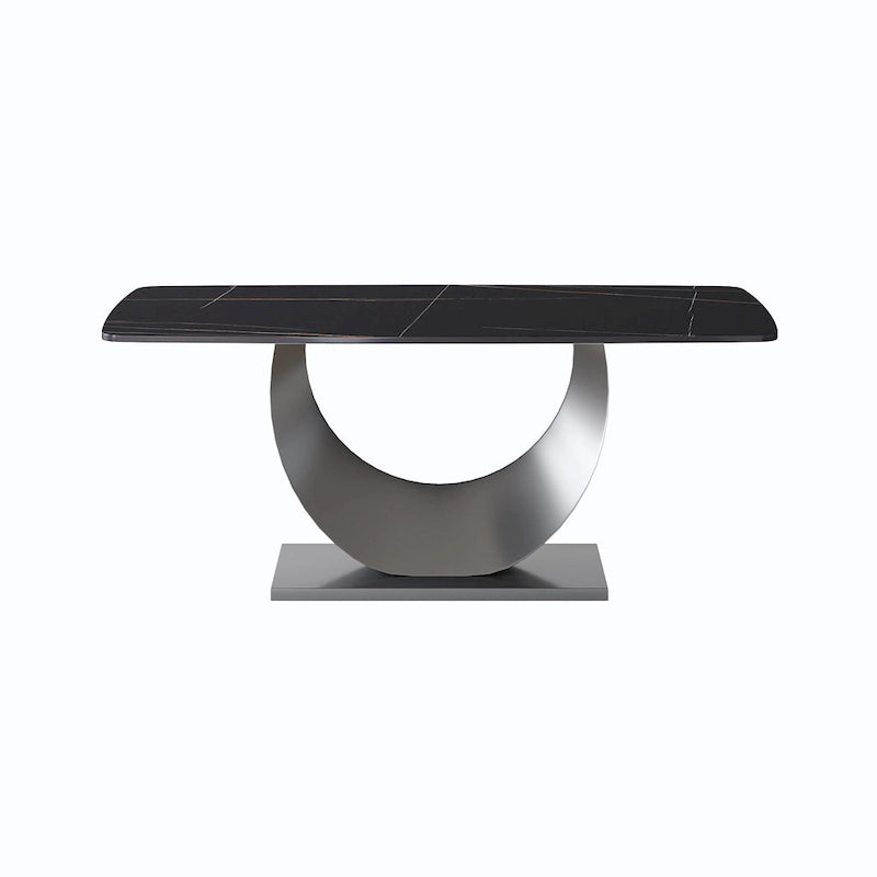 Table à manger moderne, plateau de table incurvé en pierre frittée avec piédestal en forme de lune