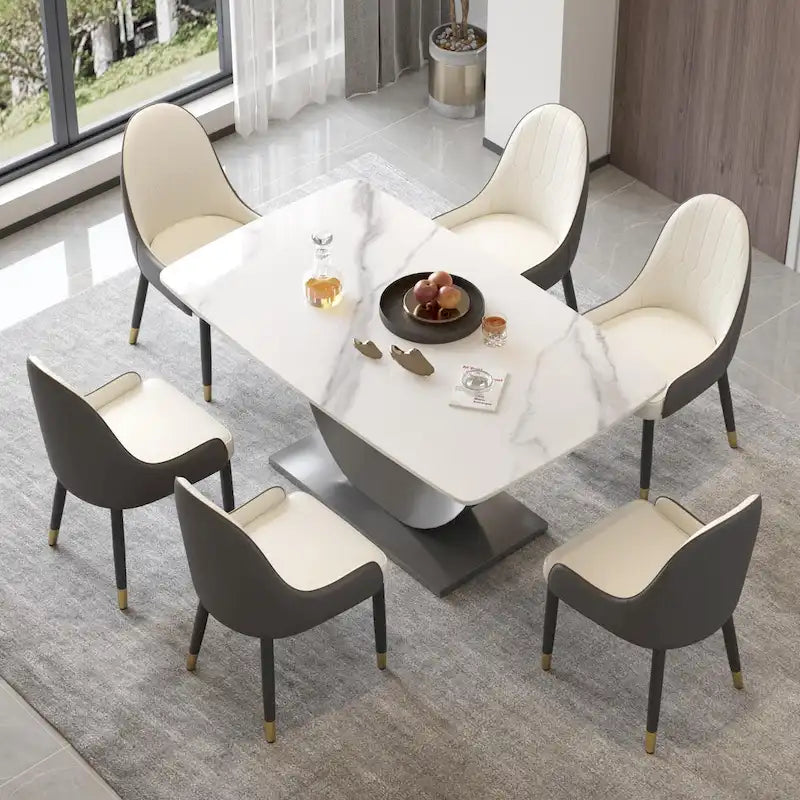 Table à manger moderne, plateau de table incurvé en pierre frittée avec piédestal en forme de lune