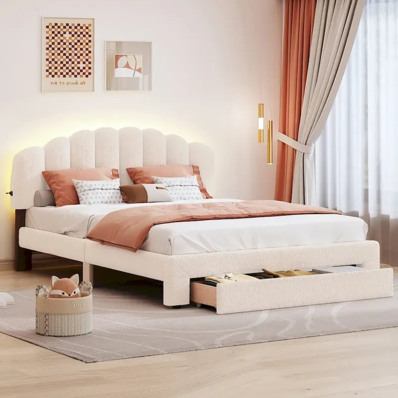 Lit plateforme tapissé de taille Queen avec tiroir